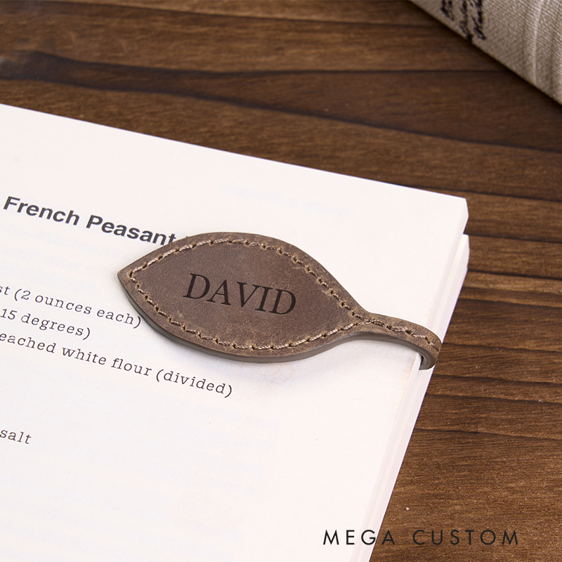 Personalized Leather Bookmark Leaf Shaped Bookmark Custom Name Engraved Page Marker Elegant Gift for Nature Lovers and Readers Unique Handmade Rustic Accessory