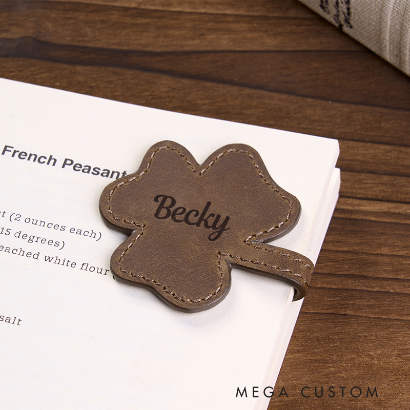 Personalized Leather Bookmark Shamrock Shaped Bookmark Magnetic Bookmark Custom Name Engraved Page Marker Lucky Gift for Readers Lucky Charms Leather Accessories Book Accessory  
