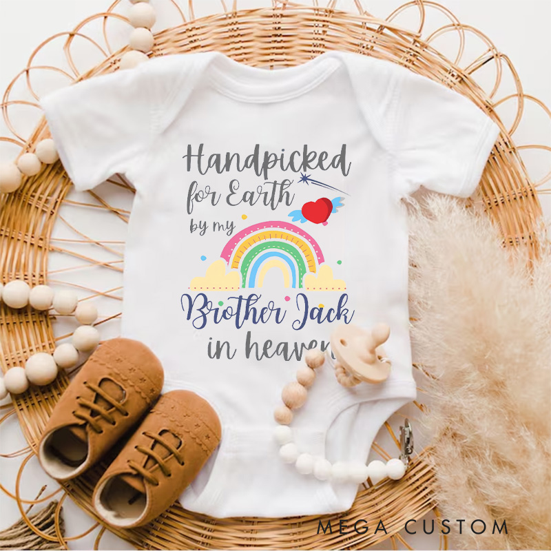 Personalized Handpicked for Earth by My Brother in Heaven Bodysuit Memorial Onesie Baby Announcement Bodysuit Heaven Sent Onesie Baby Shower Gift