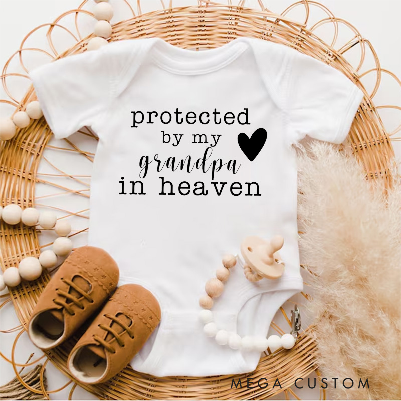 Personalized Protected by My Grandpa Grandma Sister Brother Uncle Aunt in Heaven Onesie Heaven Sent Onesie Baby Announcement Baby Shower Gift Memorial