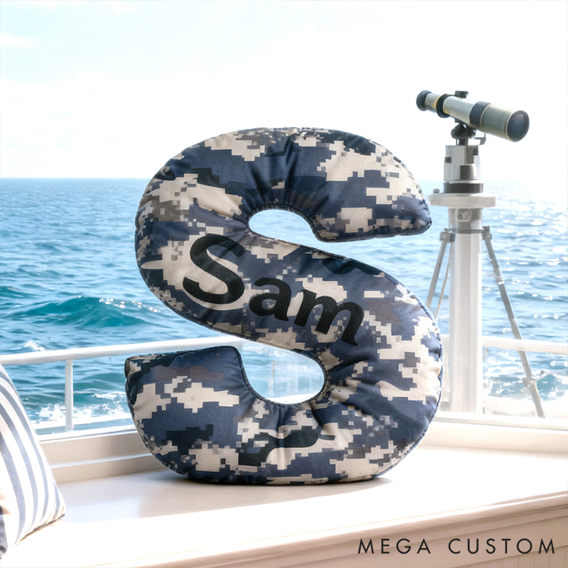 Personalized Camo Throw Pillow Initial Shaped Pillow Custom Throw Pillow with Name Military Style Pillow Gift for Men Boys Military Adventure-Themed Gifts