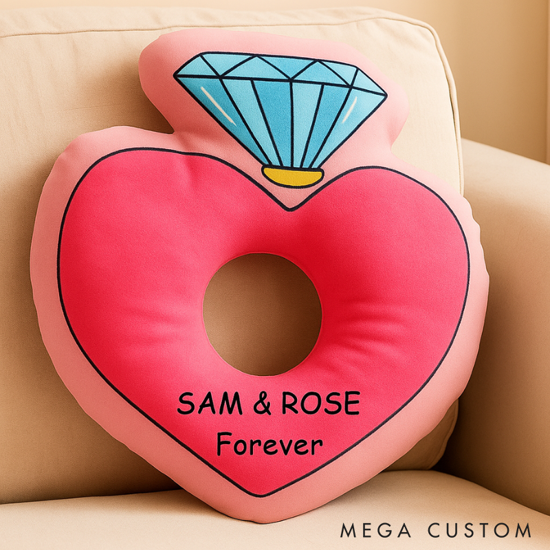 Personalized Heart-Shaped Ring Throw Pillow Custom Name Pillow with Diamond Design Romantic Gift for Couples Weddings and Anniversaries