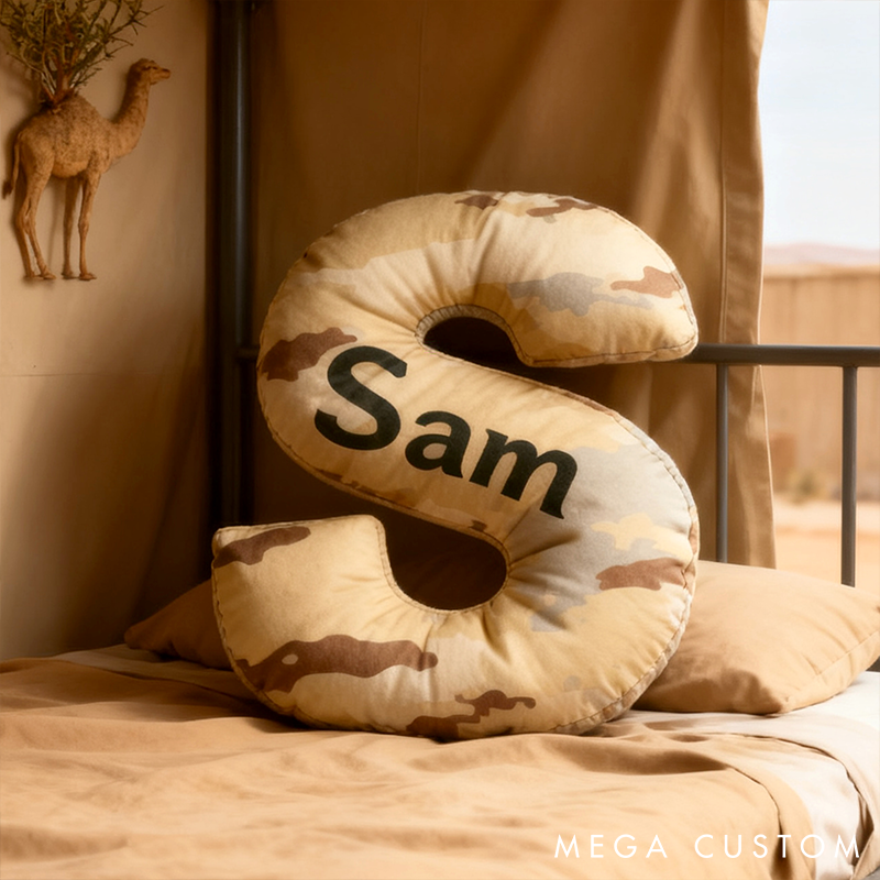 Personalized Camo Throw Pillow Initial Shaped Pillow Custom Throw Pillow with Name Military Style Pillow Gift for Men Boys Military Adventure-Themed Gifts
