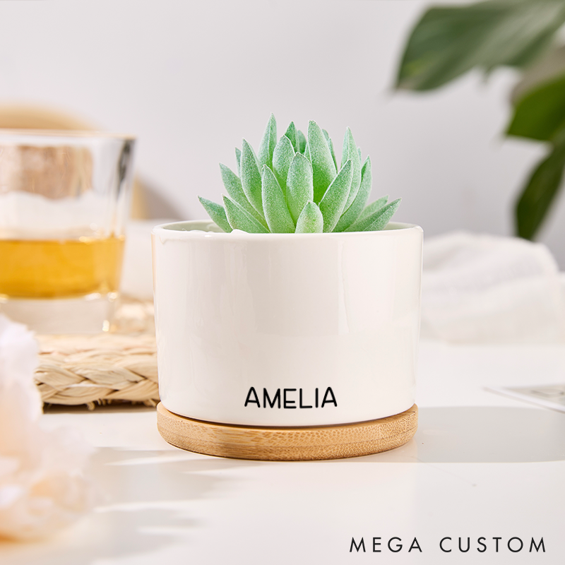 Personalized Flower Pot with Name Custom Gifts for Plant Lovers Home Office Decor Minimalist Plant Pot with Bamboo Tray