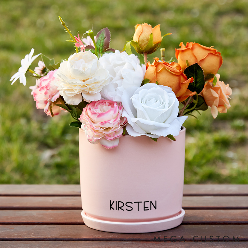 Personalized Flower Pot with Name Custom Gifts for Plant Lovers Home Office Decor Minimalist Plant Pot with Bamboo Tray