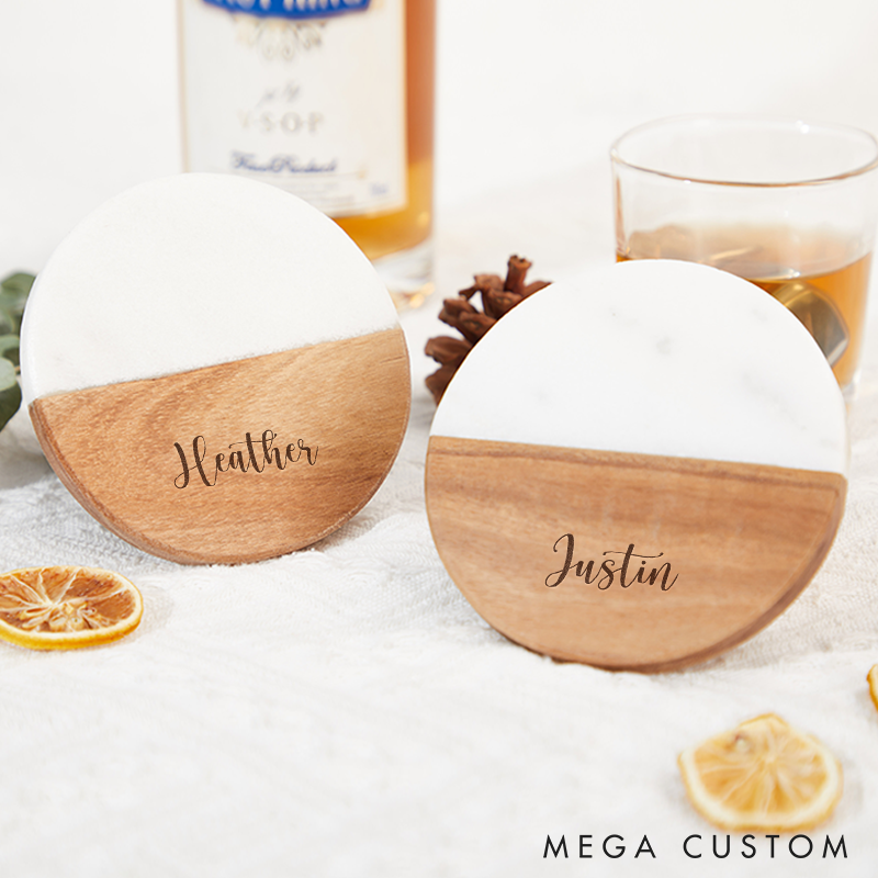 Personalized Wooden and Marble Coasters Custom Wedding Gift Coasters Engraved Wood Gift for Home Decor or Housewarming  