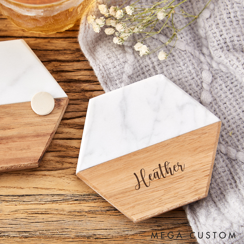 Personalized Wooden and Marble Coasters Custom Coasters with Name Engraved Wood Coaster Gift for Home Decor or Housewarming  