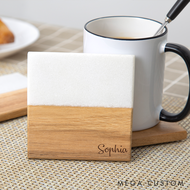 Personalized Wooden and Marble Coasters Custom Coasters with Name Engraved Wood Coaster Gift for Home Decor or Housewarming  