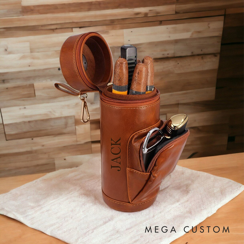Personalized Leather Cigar Case with Flask Holder Custom Cigar Holder for Him Leather Cigar Case for Men Birthday Gifts for Dad Boyfriend Husband