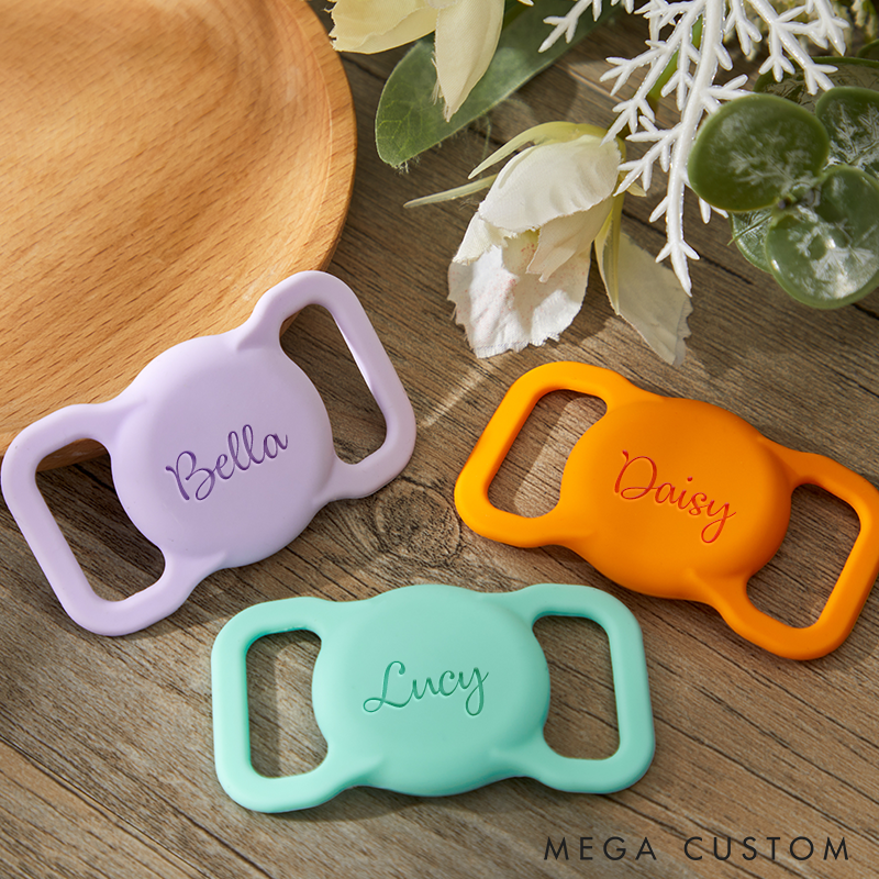 Personalized Pet AirTag Collar Holder Custom Silicone Dog Name Tag Engraved Slide on Dog Name Tag