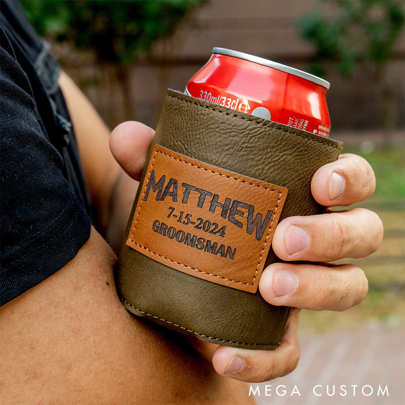 Personalized Leather Can Cooler Grooms Groomsman Can Cooler Holder Stag Keepsakes Can Cooler Bachelor Party Beer Cooler
