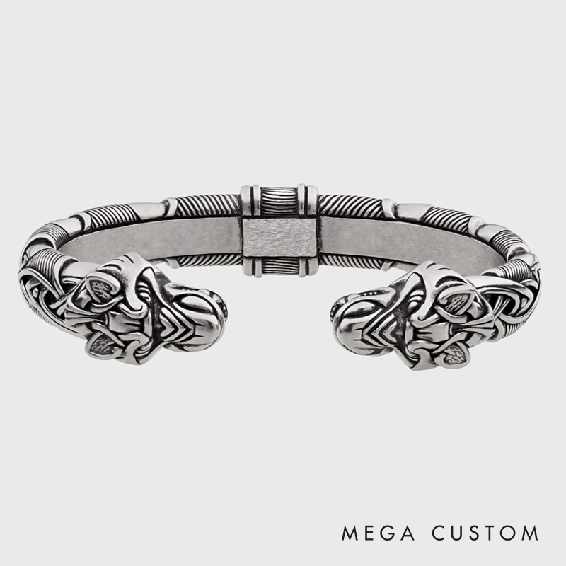 Viking Warrior Bracelet Norse Metal Adjustable Arm Ring Cuff Torc with Wolf Heads Viking Jewelry for Men Women Gift for Him and Her