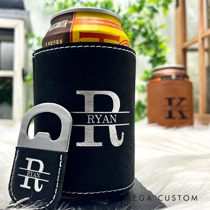 Personalized Can Cooler & Bottle Opener Set Groomsmen Proposal Gift Stocking Stuffer Christmas Gift for Him Custom Gift for Men