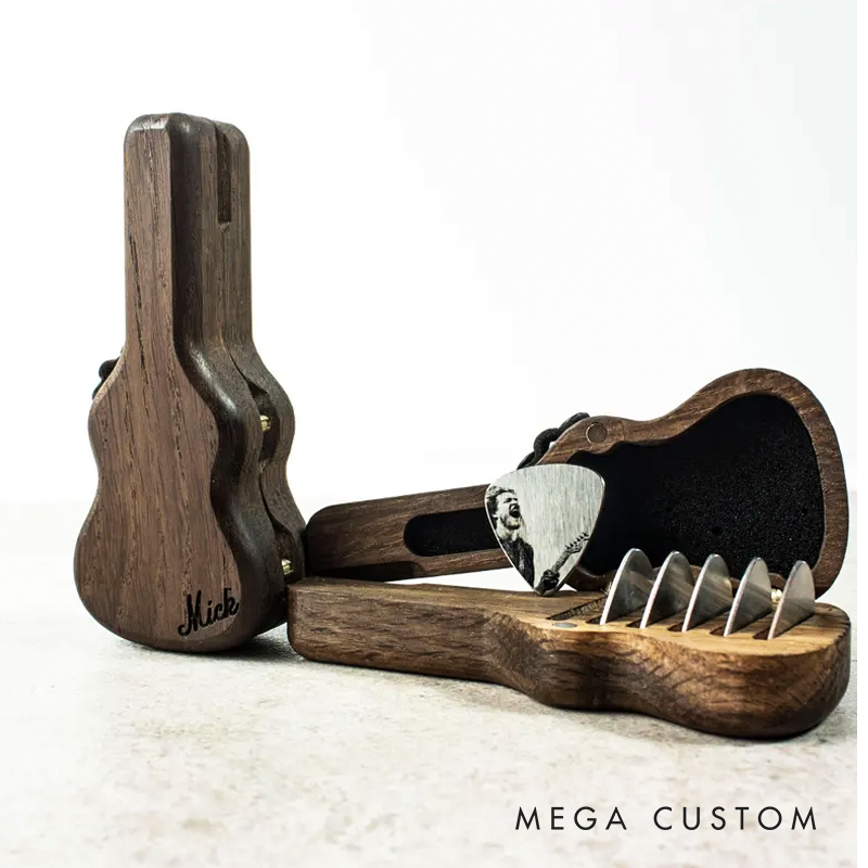 Personalized Wooden Guitar Pick Holder Set Engraved Musician Gift for Christmas