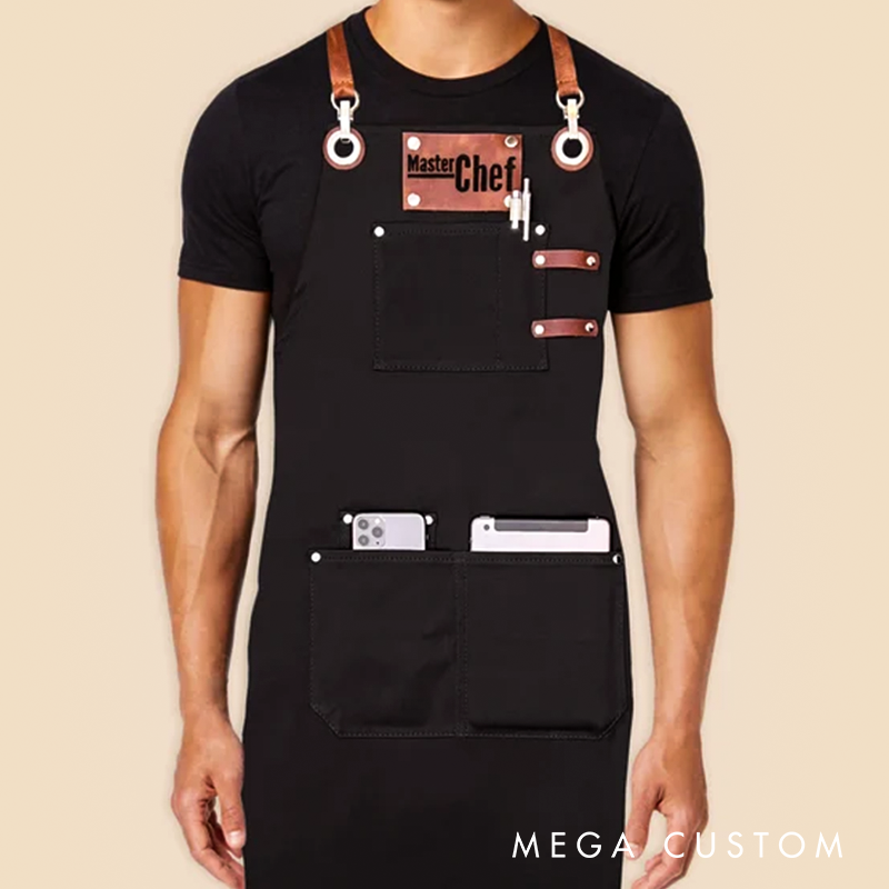 Personalized Logo Apron For Men And Women Custom Embroidery Name Tags Cotton Canvas With Cross-Back Leather Straps And Towel Ring