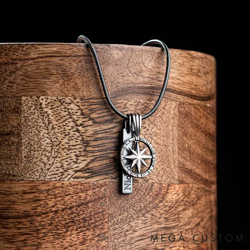 Personalized Sterling Silver Compass Necklace Personalized Engraved Bar Pendant