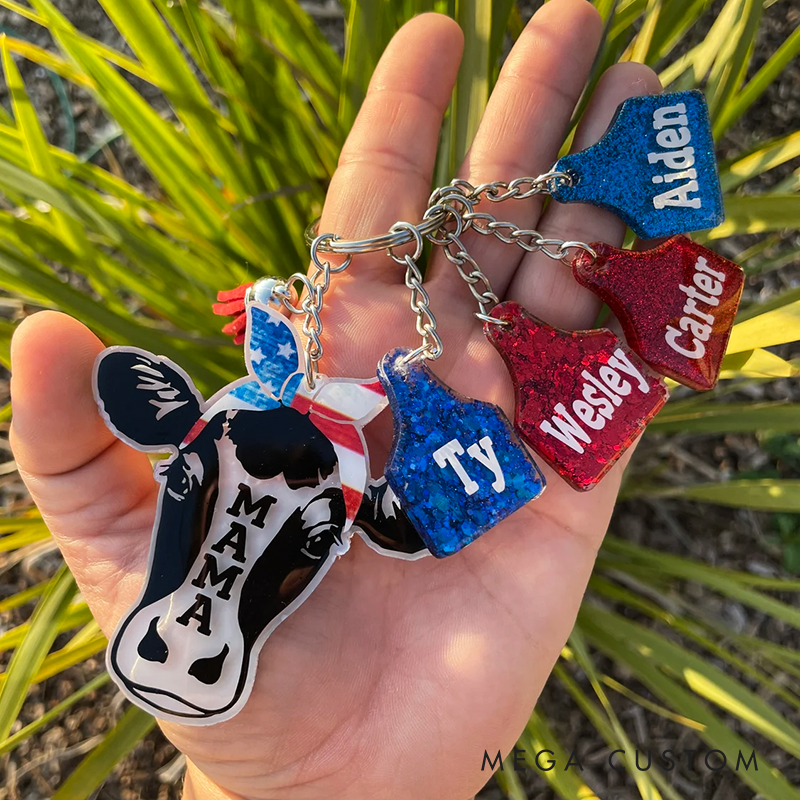 Personalized Keychain Set Cow Keychain Mama with Kids Names Cattle Rancher Gift Cow Farmer Xmas Gifts Christmas Gift for Mom 