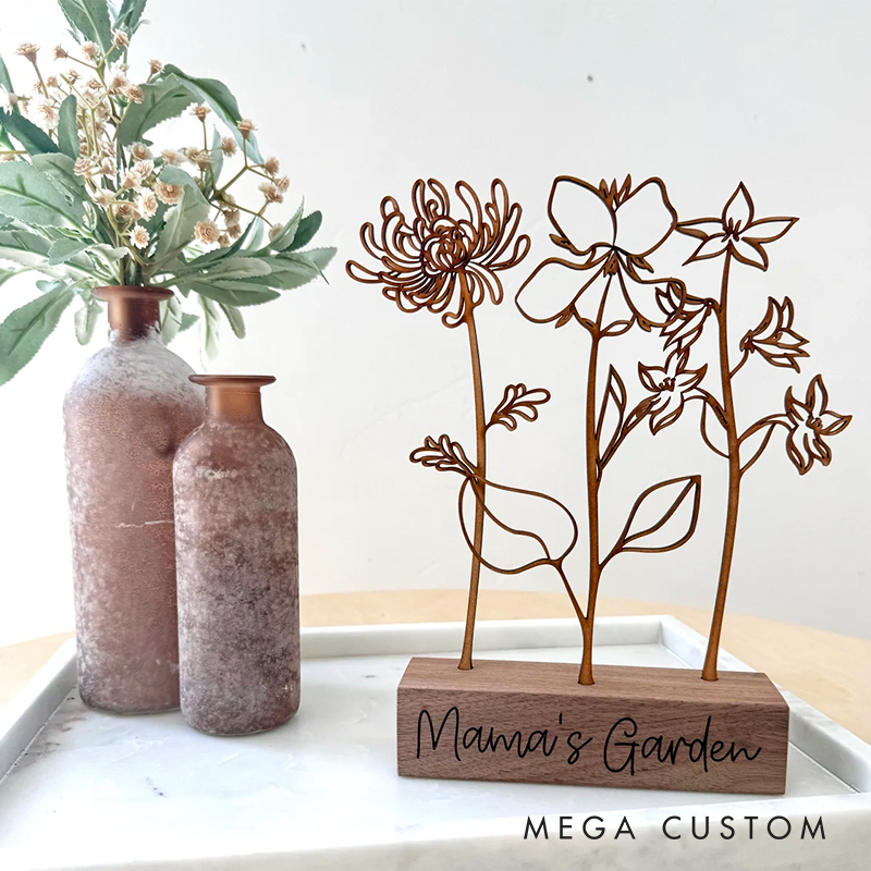 Personalized Wood Birth Flower Garden Gifts for Mom Customized Wood Gifts Flower Decoration Walnut Wood Art Mother's Day Gift