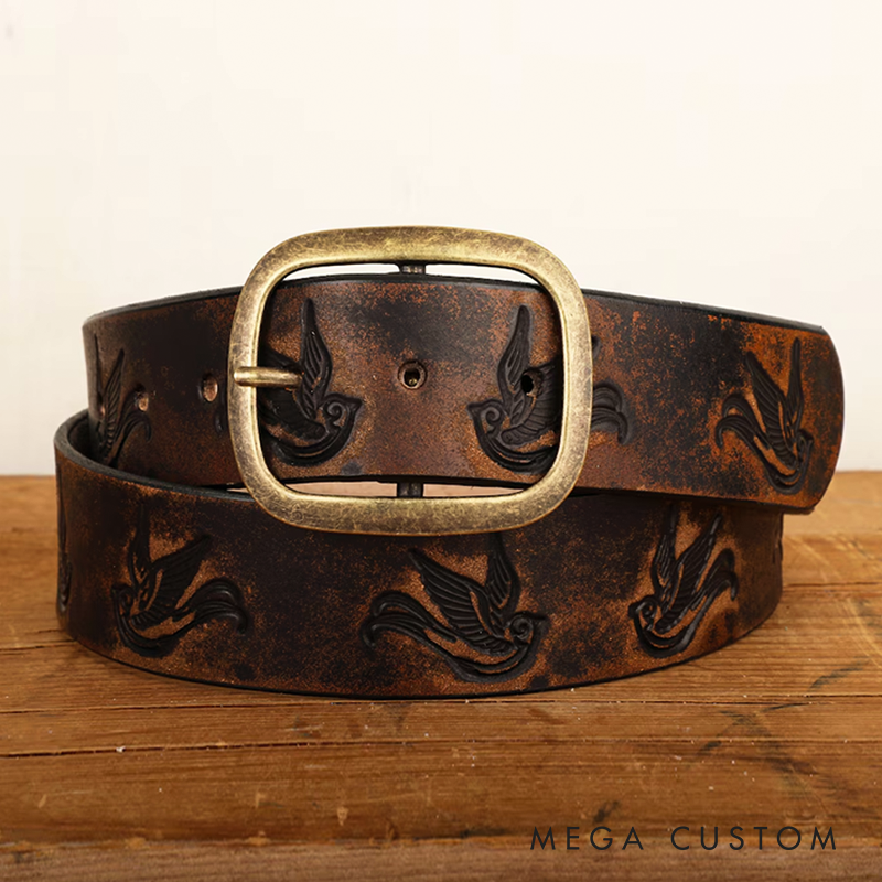 Sparrow Distressed Leather Belt Embossed & Vintage-Aged Western Style with Snap Closure Handmade in USA Swallow Bird Tattoo Flash Art