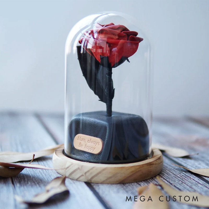 Personalized Leather Forever Rose in Glass Dome Preserved Flower Box Personalized Leather 3rd 5th Anniversary Gifts for Wife Girlfriend Partners Her Him