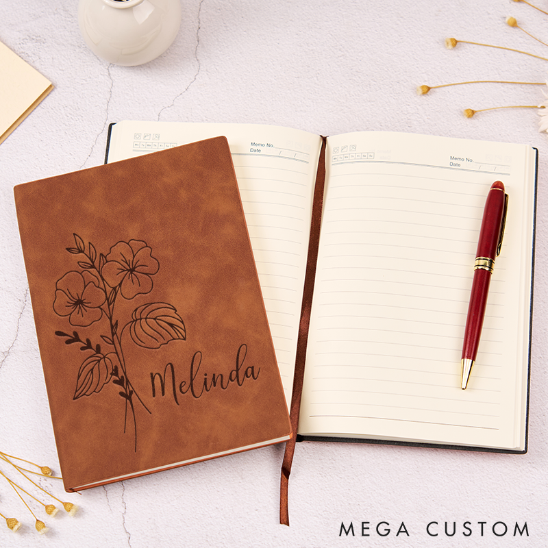 Personalized Leather Journal Birth Flower Leather Notebook Cover A5 Prayer Journal Travel Christmas Gift Leather Travel Journal
