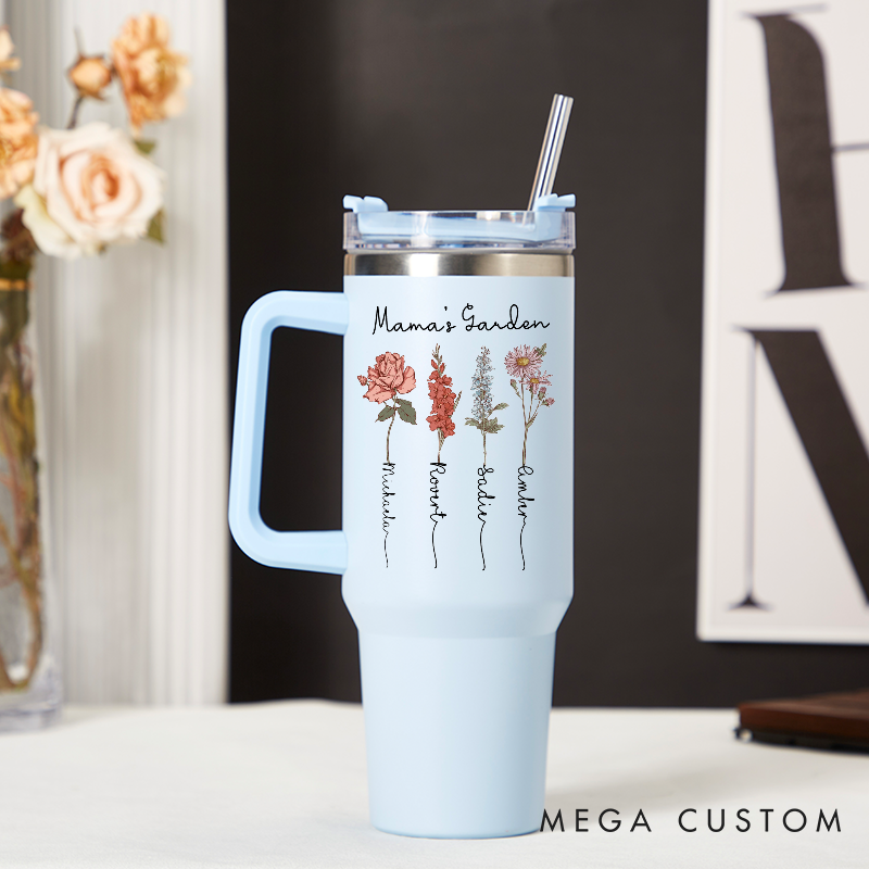 Personalized 40oz Tumbler for Mom Birth Flower Tumbler Custom Name Travel Mug with Straw and Lid Insulated Cup Gifts for Mother