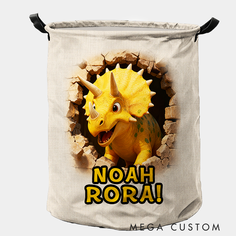 Personalized Dino Blast Adventure Theme Large Waterproof Laundry Hamper with Handle Custom Name Embroidery Kids Holiday Gift