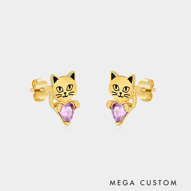 Personalized Heart-Shaped Birthstone Stud Earrings with Cat Motif Sterling Silver Jewelry Gift for Her