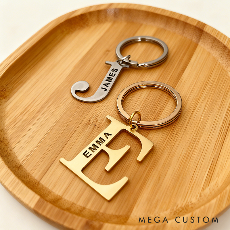 Personalized Name Keychain Custom Initial Metal Key Ring Laser Cut Stainless Steel or Brass