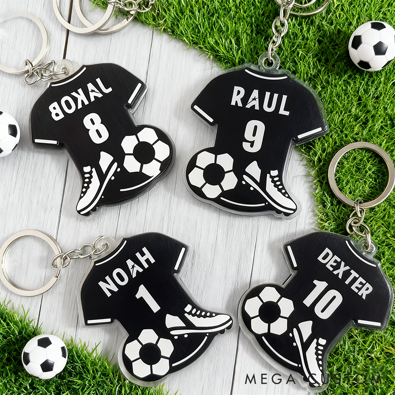 Personalized Soccer Jersey Keychain with Name And Number Featuring Designs of a Soccer Ball And Shoes - a Gift for Soccer Players Fans And Coaches for Birthdays Anniversaries