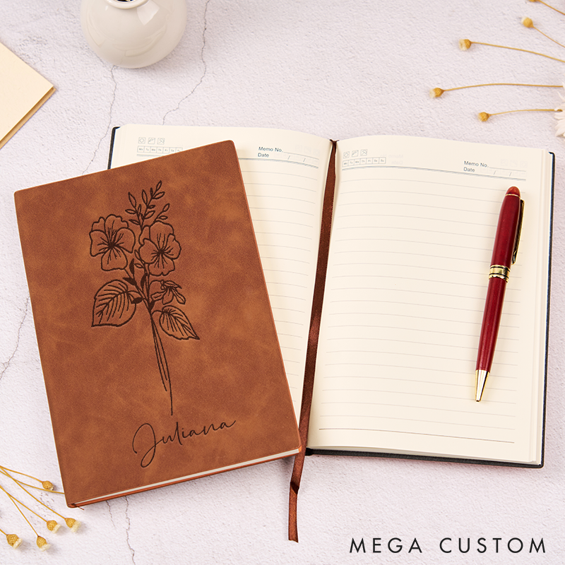 Personalized Leather Journal with Name Birth Flower Leather Notebook Cover A5 Prayer Journal Travel Christmas Gift Leather Travel Journal
