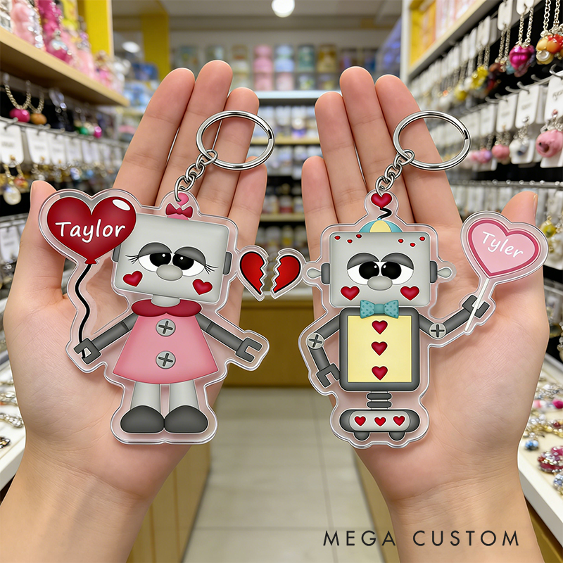 Personalized Love and Robot Keychain Custom Couple Names Unique Holiday Gift for Couples