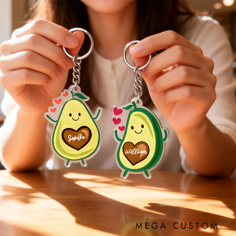 Personalized Adorable Avocado Couple Keychain Custom Couple Names Whimsical Holiday Gift for Couples
