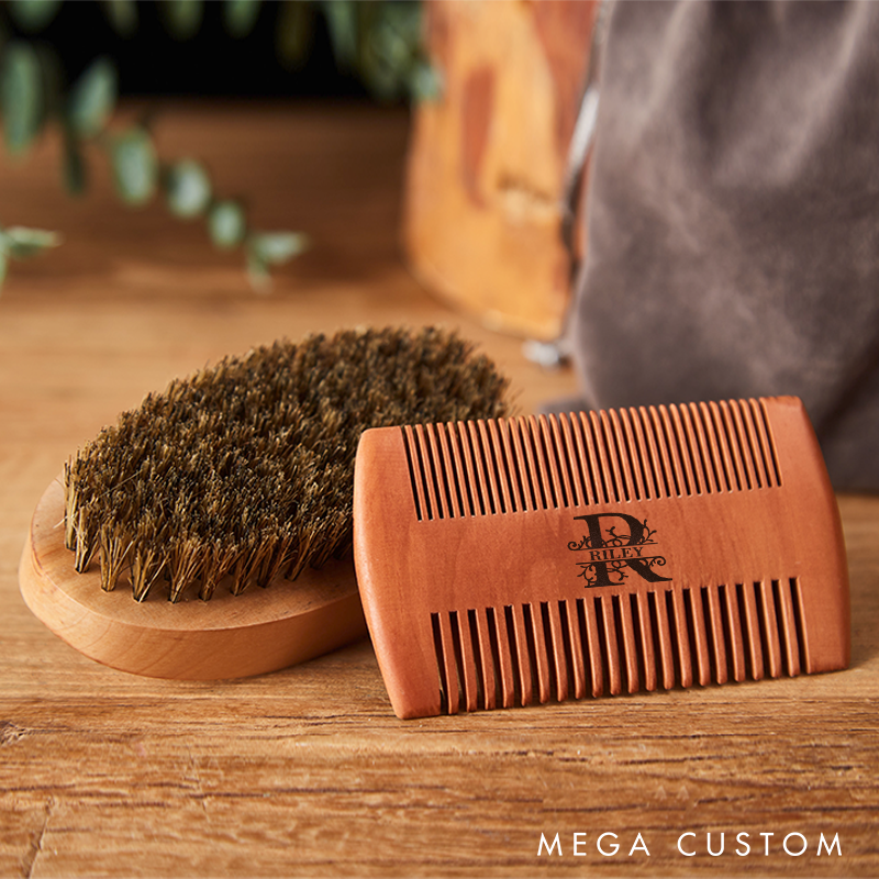 Personalized Wood Beard Comb & Brush Gift Set for Him Beard Care Kit Valentines Day Gift for Him