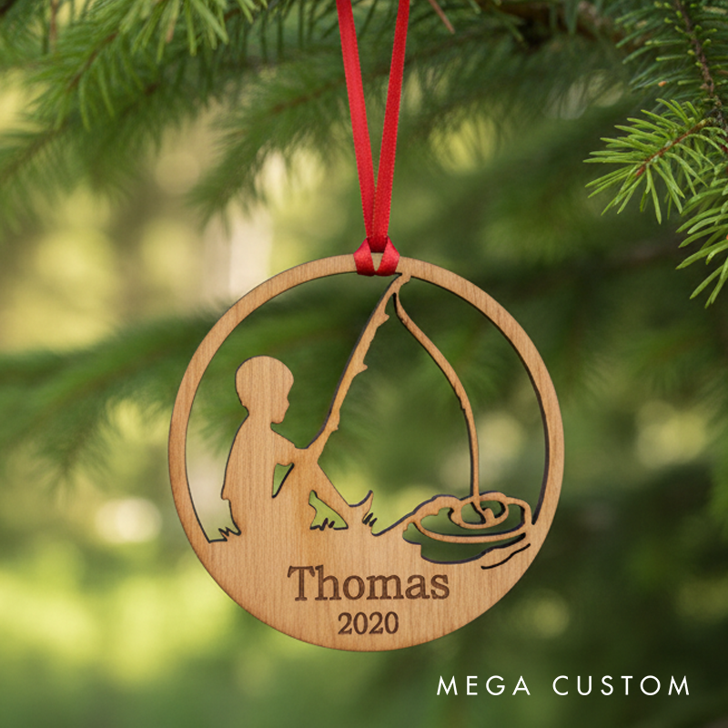 Personalized Christmas Tree Ornament Little Boy Fishing Gift for Him Outdoor Fisherman
