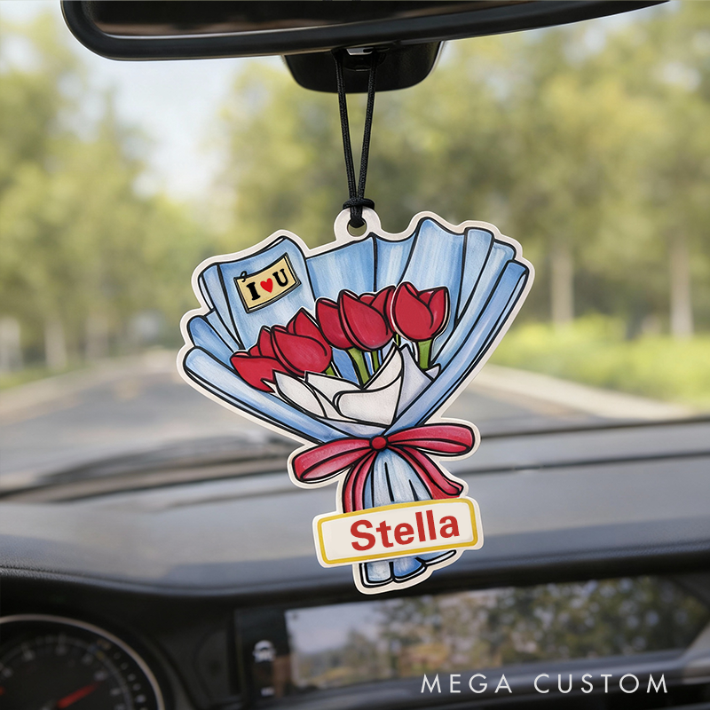 Personalized Cartoon Rose Bouquet Keychain Engraved Keychain Romantic Gift for Couples