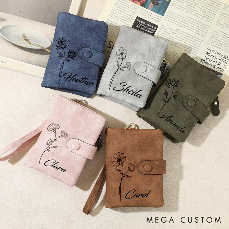 Personalized Birth Flower Wallet for Girls Women Leather Wallet With Name and Birth Flower Birthday Gift for Girlfriend Wife Valentine's Day Gifts