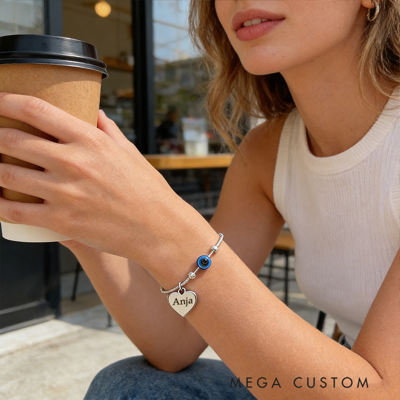 Personalized 925 Sterling Silver Beaded Evil Eye Bracelet Jewelry Gift for Couples