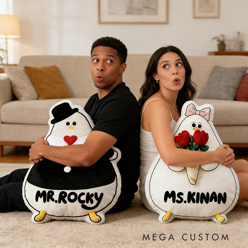 Personalized Cartoon Seagull Couple Throw Pillow Mr. Seagull & Miss Tulip Plush Home Decor Gift for Couples