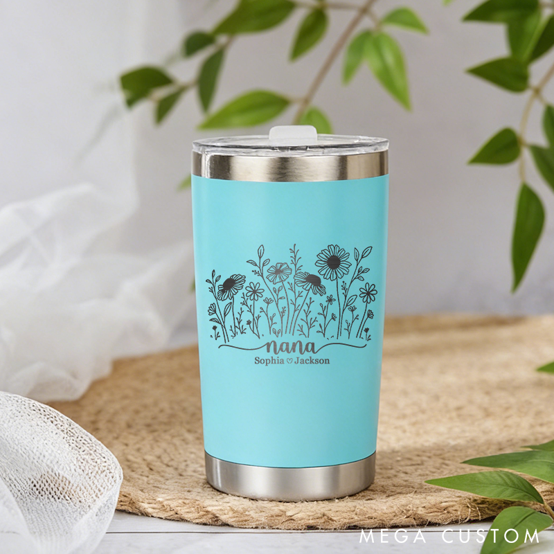 Personalized Tumbler with Name Custom Floral Travel Tumbler 20oz Insulated Tumbler with Lid Grandmother Mom Gift