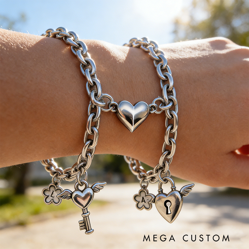 Personalized Vintage Silver Lock & Key Heart Cuban Bracelet Initial Gift for BFF and Couple