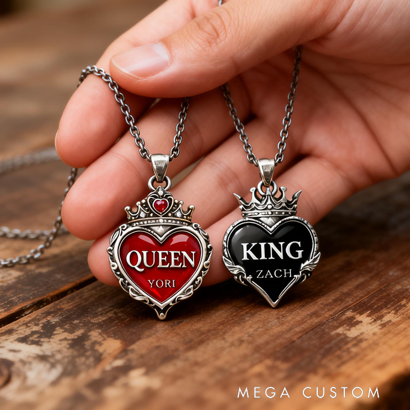 Personalized Couple Necklaces Vintage Royal Crown Heart King & Queen Engravable Name for Romantic Couples and Anniversary Celebrants