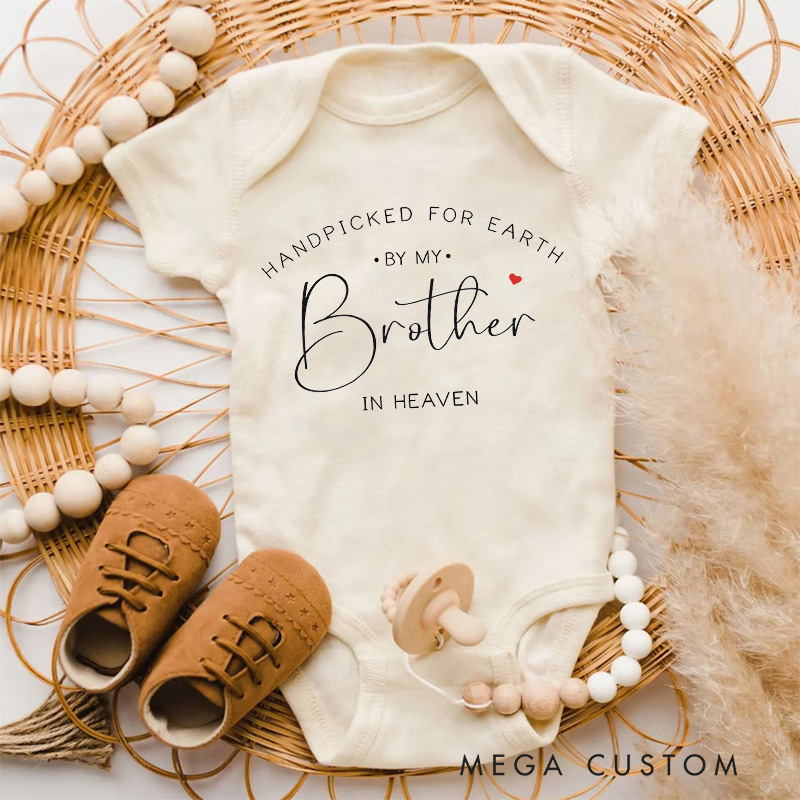Personalized Handpicked for Earth by My Brother in Heaven Onesie Baby Announcement Onesie Memorial Bodysuit Heaven Sent Baby Shower Gift New Baby Gift