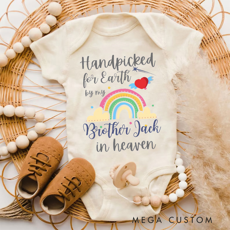 Personalized Handpicked for Earth by My Brother in Heaven Bodysuit Memorial Onesie Baby Announcement Bodysuit Heaven Sent Onesie Baby Shower Gift