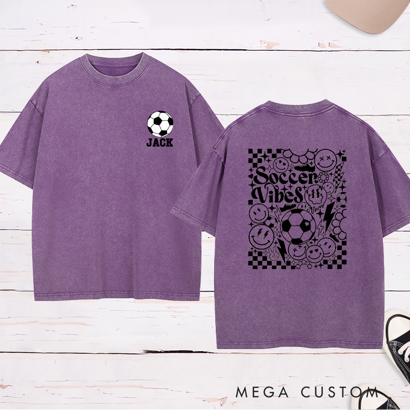 Personalized Soccer Washed T-Shirt with Custom Name and Bold Checkerboard Accents