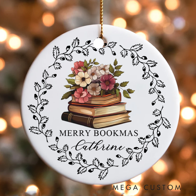 Personalized Flowers Books Christmas Ornament Reading Lover Ornament with Name Holiday Decor for Book Lovers Gift Librarian Gift