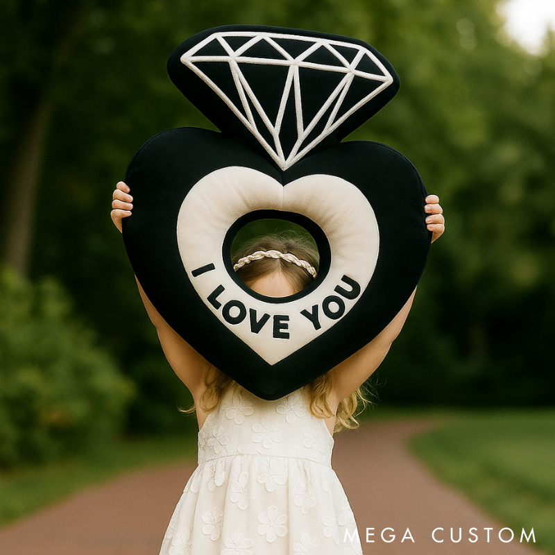 Personalized Heart-Shaped Ring Throw Pillow Custom Name Pillow with Diamond Design Romantic Gift for Couples Weddings and Anniversaries