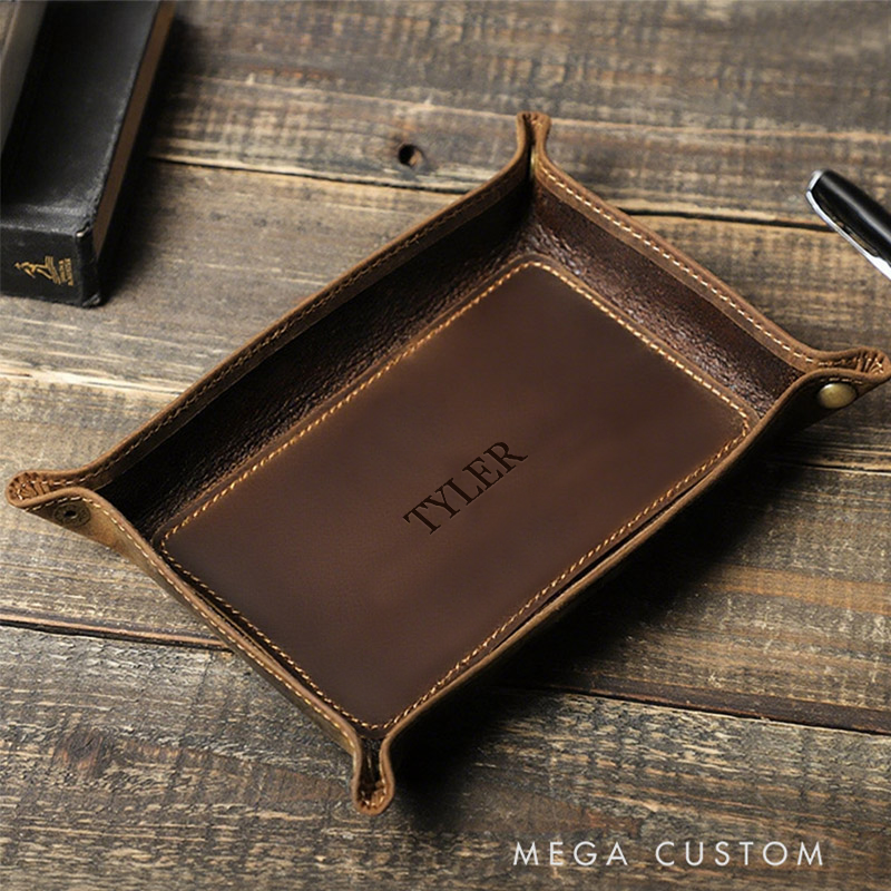 Personalized Leather Valet Tray with Name Catchall Gift for Men Custom Catchall Organizer for Desk Nightstand or Gifts  