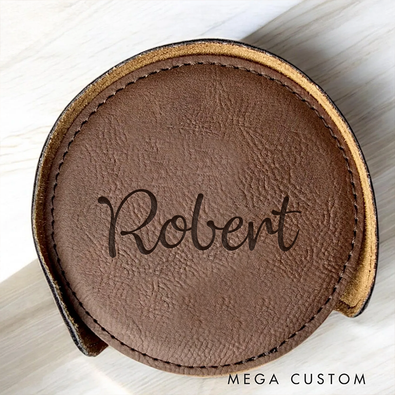 Personalized Leather Coaster with Holder Engraved Coaster with Name Round Leather Coasters Housewarming Gift Wedding Gifts