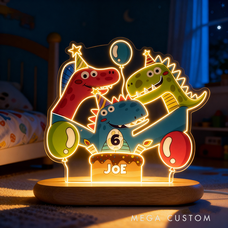 Personalized Cartoon Party Dinosaur Night Light Custom Name and Age Number Birthday Special Occasion Gift for Kids